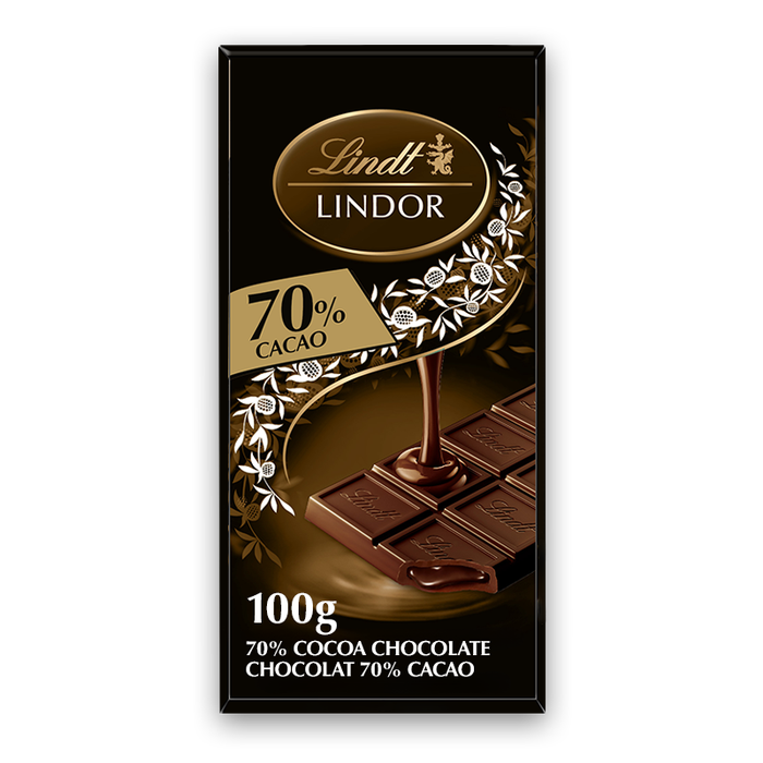 Lindt LINDOR 70% Cacao Dark Chocolate Bar, 100g
