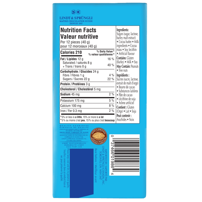 Lindt SWISS CLASSIC Milk Chocolate Bar, 100g