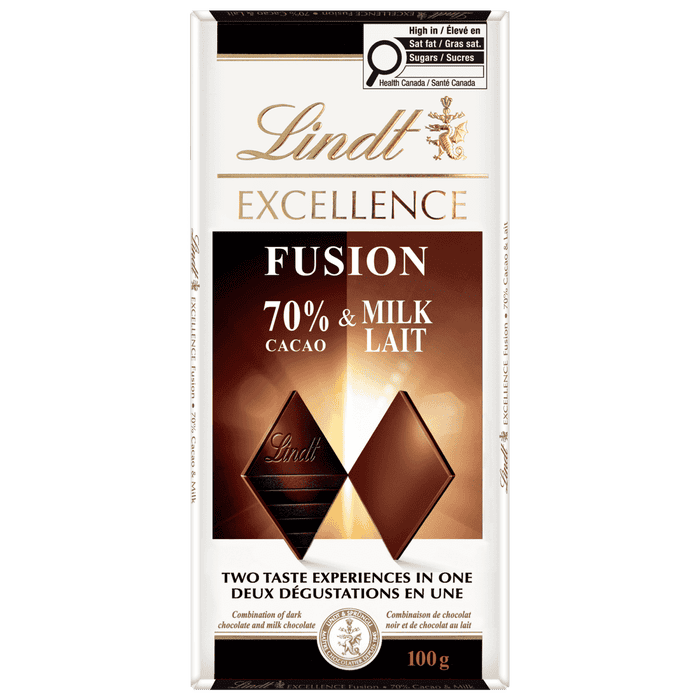Lindt EXCELLENCE Fusion 70% Dark Cacao & Milk Chocolate Bar, 100g