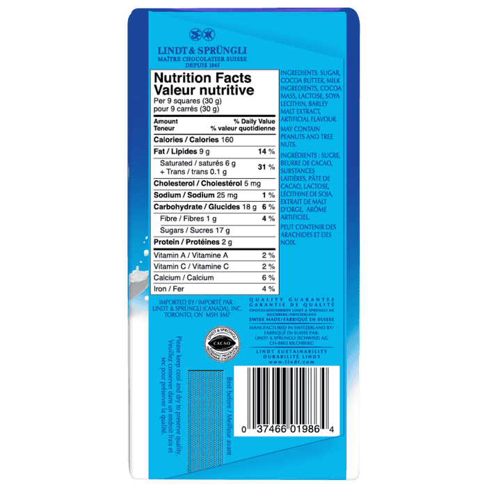 Lindt SWISS CLASSIC Milk Chocolate Bar, 100g