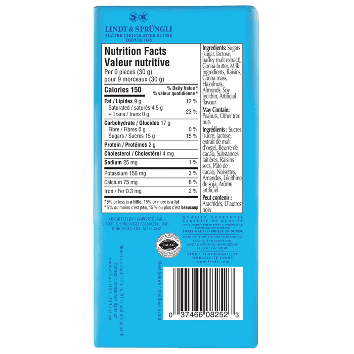 Lindt SWISS CLASSIC Fruit & Nut Milk Chocolate Bar, 100g