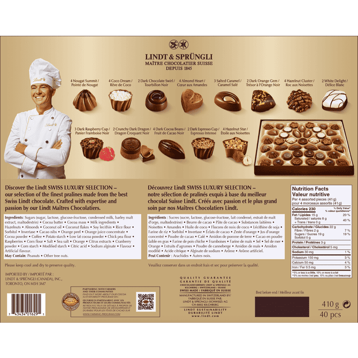 Lindt SWISS LUXURY SELECTION Assorted Chocolate Pralines Gift Box, 410g