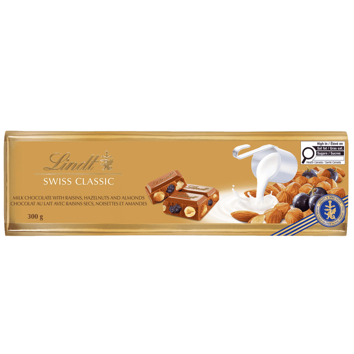 Lindt SWISS CLASSIC Gold Raisin Hazelnut Milk Chocolate Bar, 300g