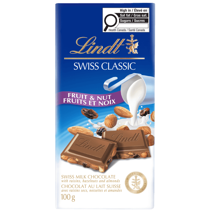 Lindt SWISS CLASSIC Fruit & Nut Milk Chocolate Bar, 100g