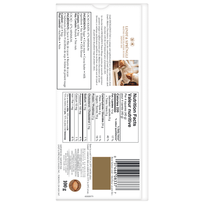 Lindt EXCELLENCE Chili Dark Chocolate Bar, 100g