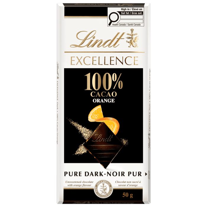 Lindt EXCELLENCE 100% Cacao Orange Dark Chocolate Bar, 50g