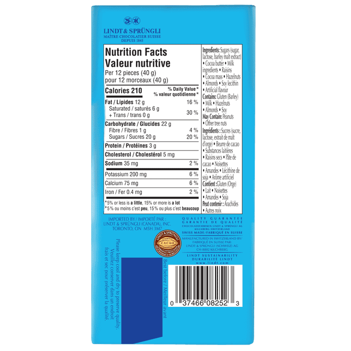 Lindt SWISS CLASSIC Fruit & Nut Milk Chocolate Bar, 100g
