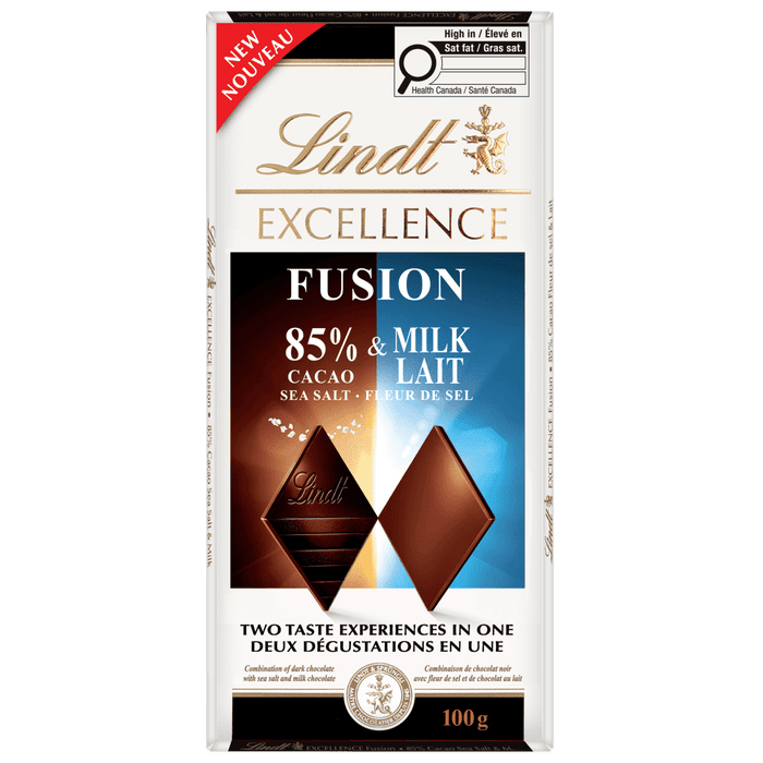Lindt EXCELLENCE Fusion 85% Cacao Sea Salt & Milk Chocolate Bar, 100g