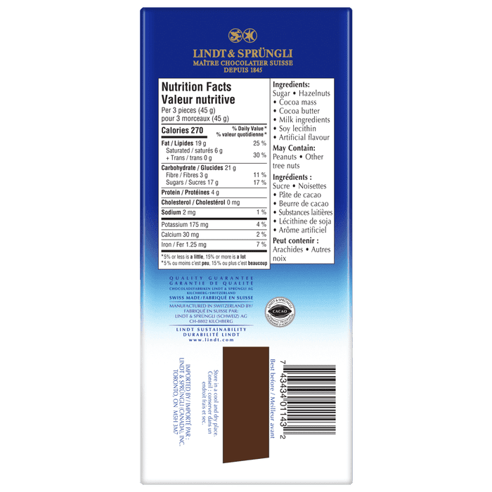 Lindt SWISS CLASSIC GRANDES Hazelnut Dark Chocolate Bar, 150g