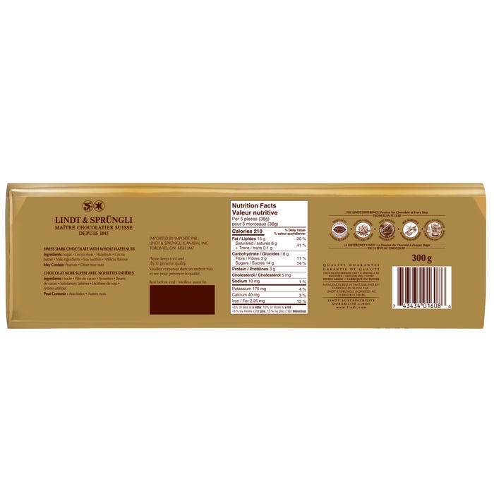 Lindt SWISS CLASSIC Dark Chocolate and Hazelnut Bar, 300g