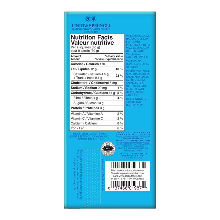 Lindt SWISS CLASSIC Hazelnut Milk Chocolate Bar, 100g