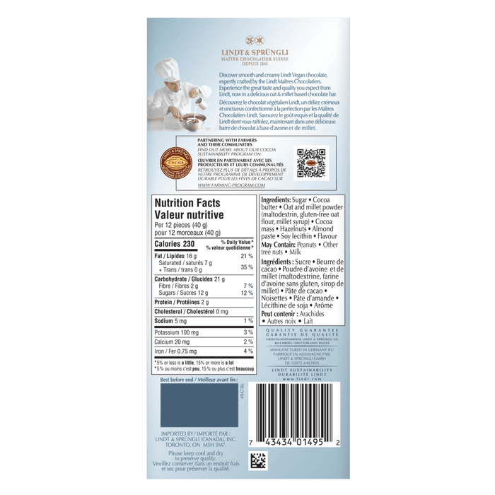 Lindt Vegan Hazelnut Chocolate Bar, 100g