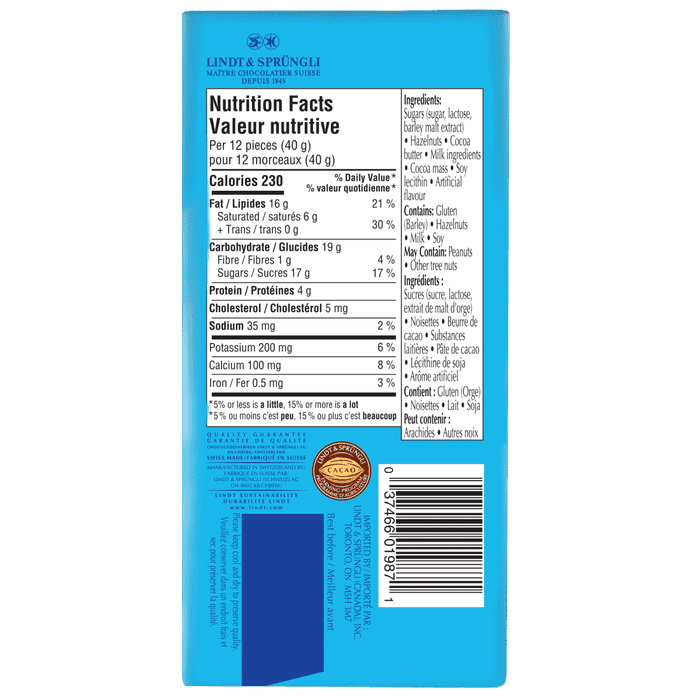 Lindt SWISS CLASSIC Hazelnut Milk Chocolate Bar, 100g