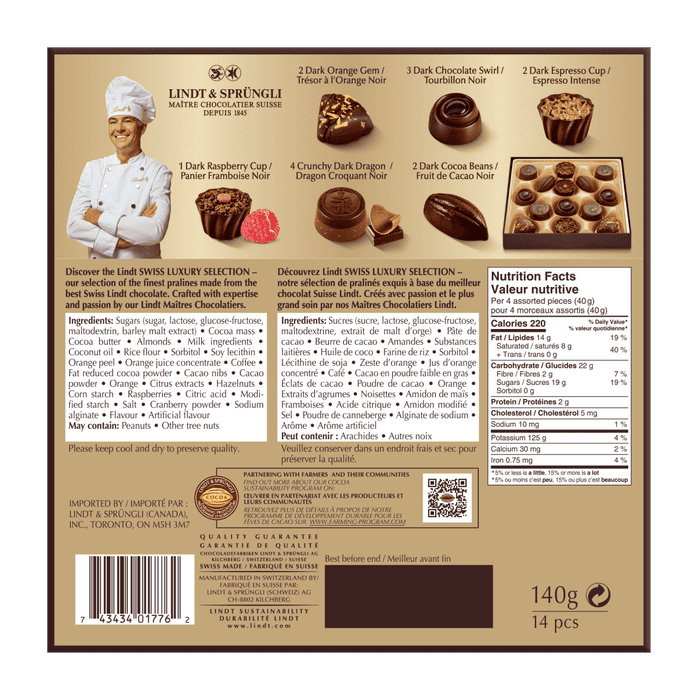 Lindt SWISS LUXURY SELECTION Dark Chocolate Pralines Gift Box, 140g