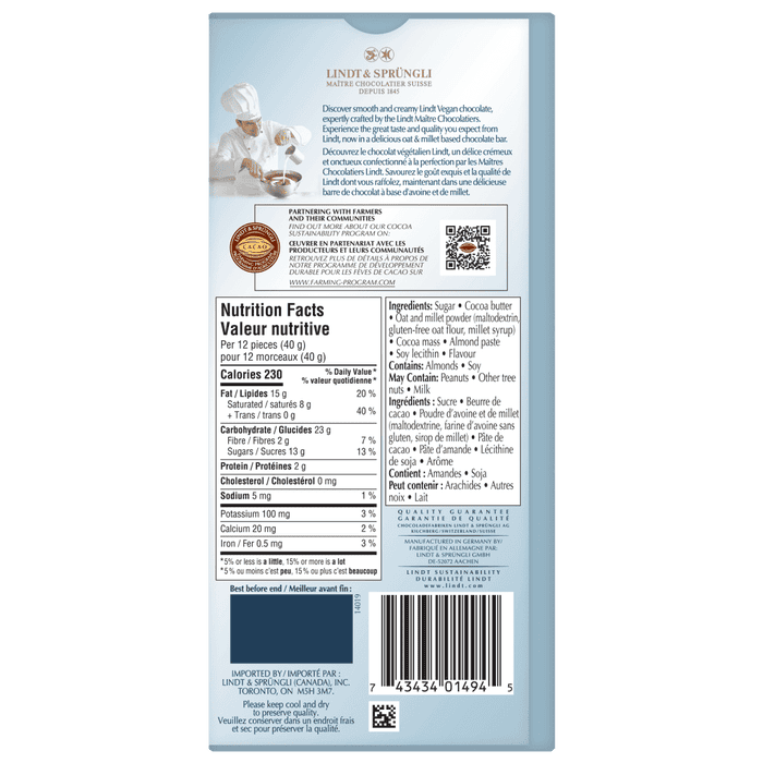 Lindt Vegan Original Chocolate Bar, 100g