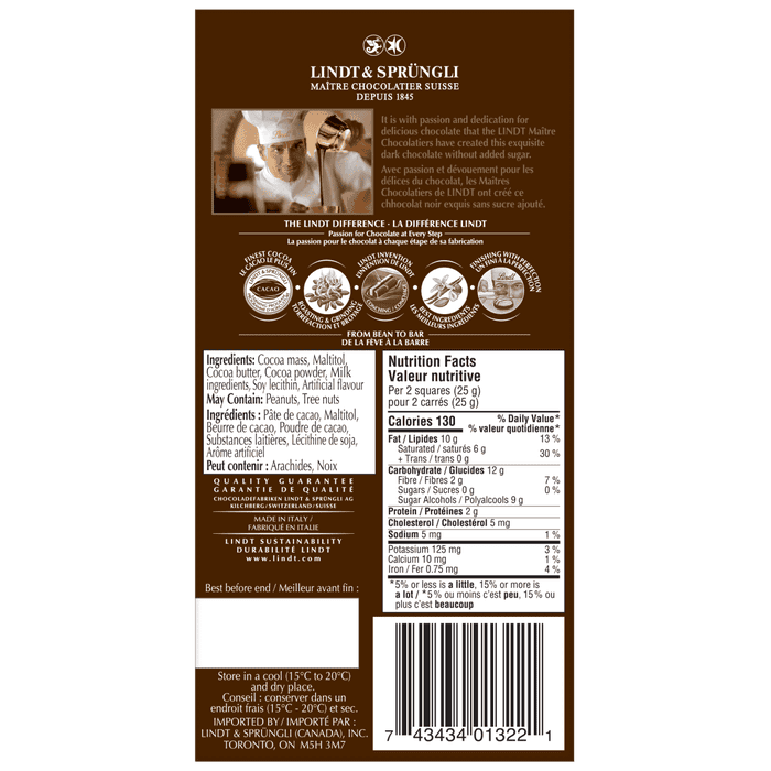 Lindt No Sugar Added Dark Chocolate Bar, 100g