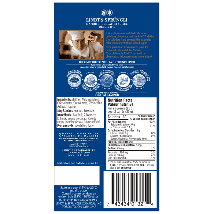 Lindt No Sugar Added Milk Chocolate Bar, 100g