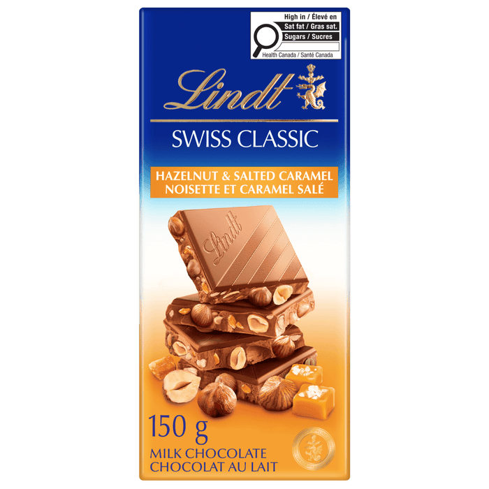 Lindt SWISS CLASSIC Milk Chocolate Hazelnut Salted Caramel, 150g