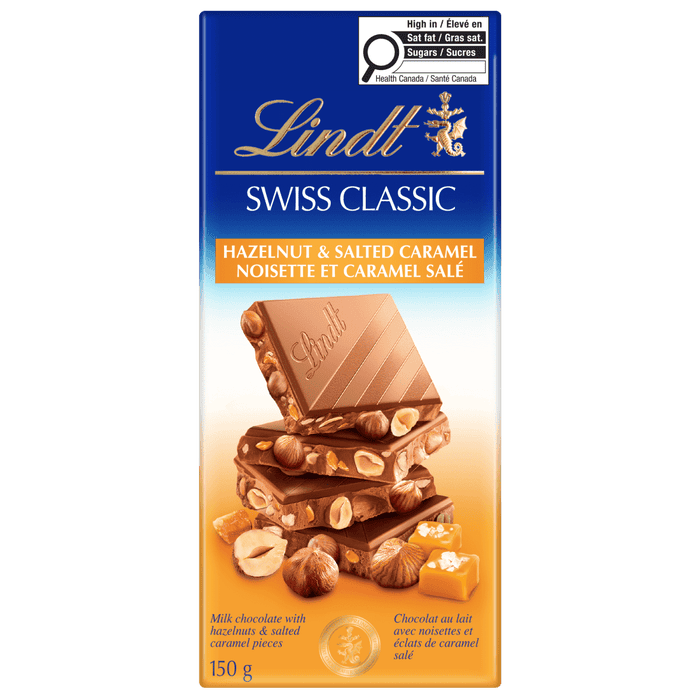Lindt SWISS CLASSIC Milk Chocolate Hazelnut Salted Caramel, 150g