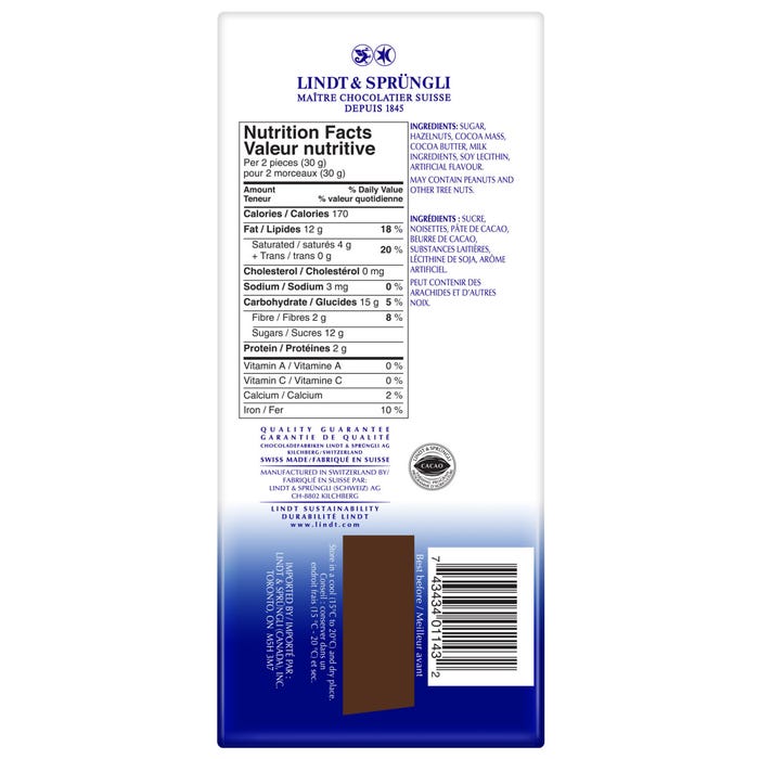 Lindt SWISS CLASSIC GRANDES Hazelnut Dark Chocolate Bar, 150g