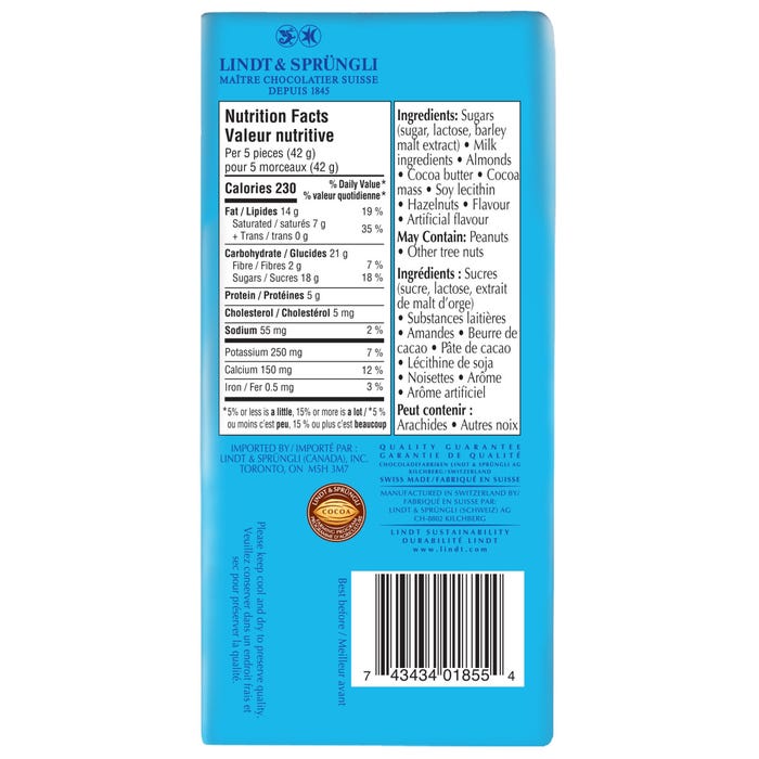 Lindt SWISS CLASSIC Milk Chocolate Almond Butter Bar, 100g