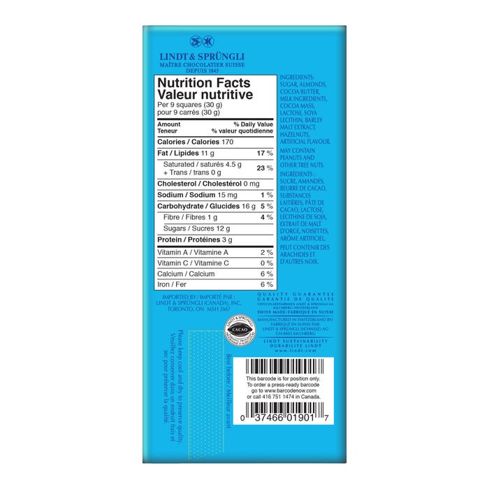 Lindt SWISS CLASSIC Almond Milk Chocolate Bar, 100g