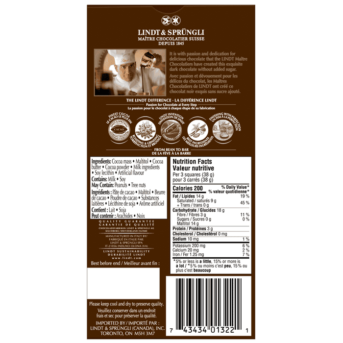 Lindt No Sugar Added Dark Chocolate Bar, 100g