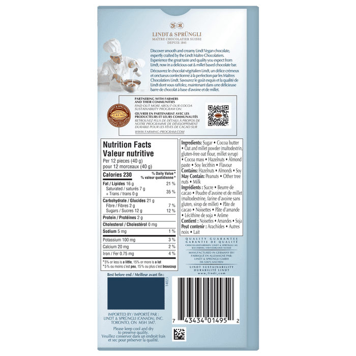 Lindt Vegan Hazelnut Chocolate Bar, 100g
