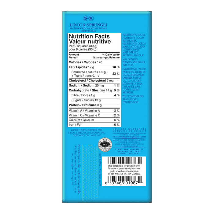 Lindt SWISS CLASSIC Hazelnut Milk Chocolate Bar, 100g