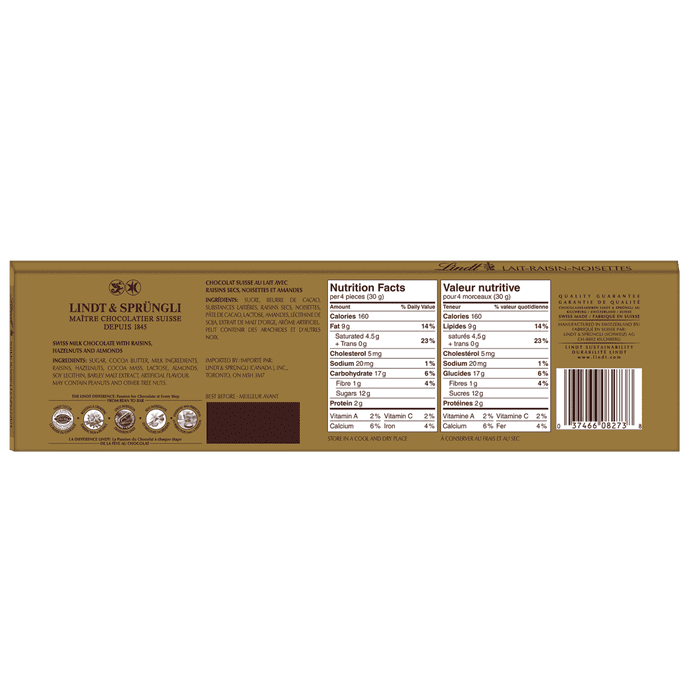 Lindt SWISS CLASSIC Gold Raisin Hazelnut Milk Chocolate Bar, 300g