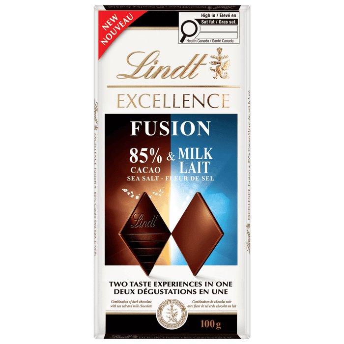 Lindt EXCELLENCE Fusion 85% Cacao Sea Salt & Milk Chocolate Bar, 100g