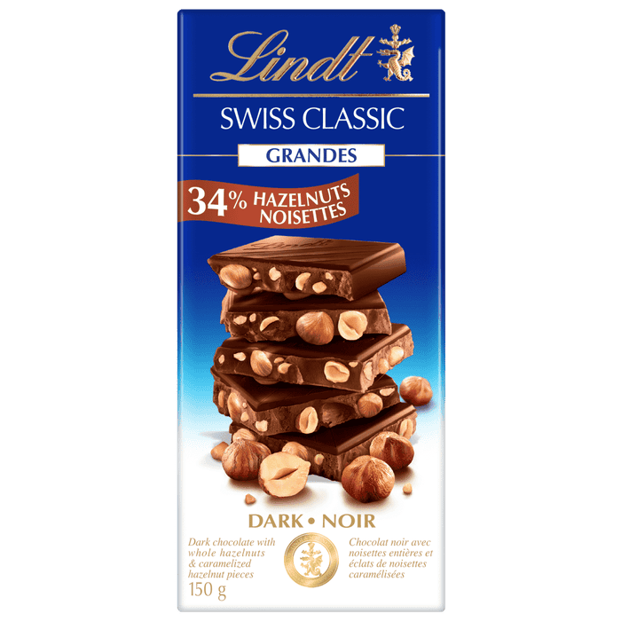 Lindt SWISS CLASSIC GRANDES Hazelnut Dark Chocolate Bar, 150g
