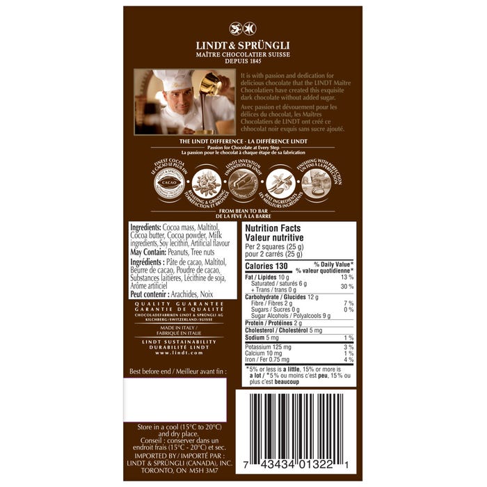 Lindt No Sugar Added Dark Chocolate Bar, 100g