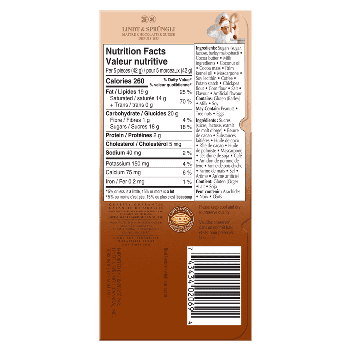 Lindt LINDOR Tiramisu Chocolate Bar, 100g
