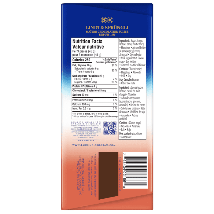 Lindt SWISS CLASSIC Milk Chocolate Hazelnut Crunchy Nougat, 150g