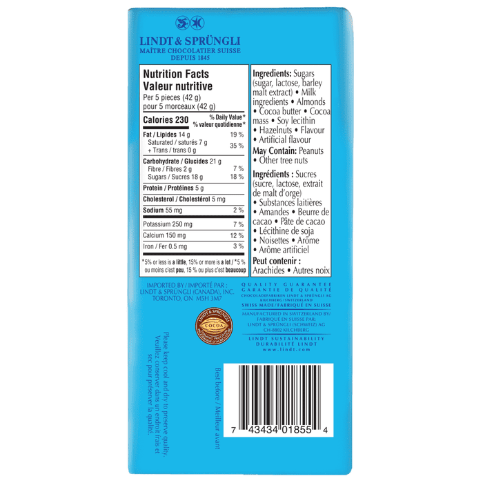 Lindt SWISS CLASSIC Milk Chocolate Almond Butter Bar, 100g