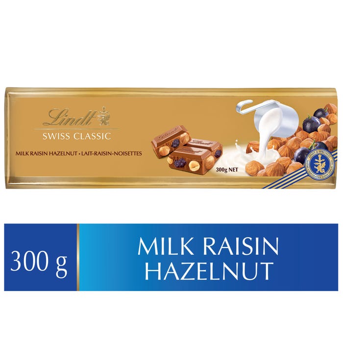 Lindt SWISS CLASSIC Gold Raisin Hazelnut Milk Chocolate Bar, 300g