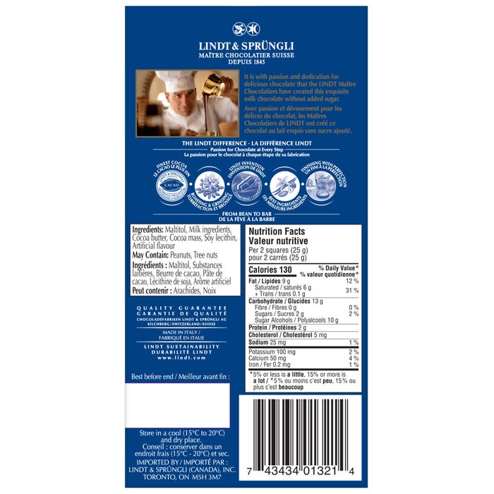 Lindt No Sugar Added Milk Chocolate Bar, 100g