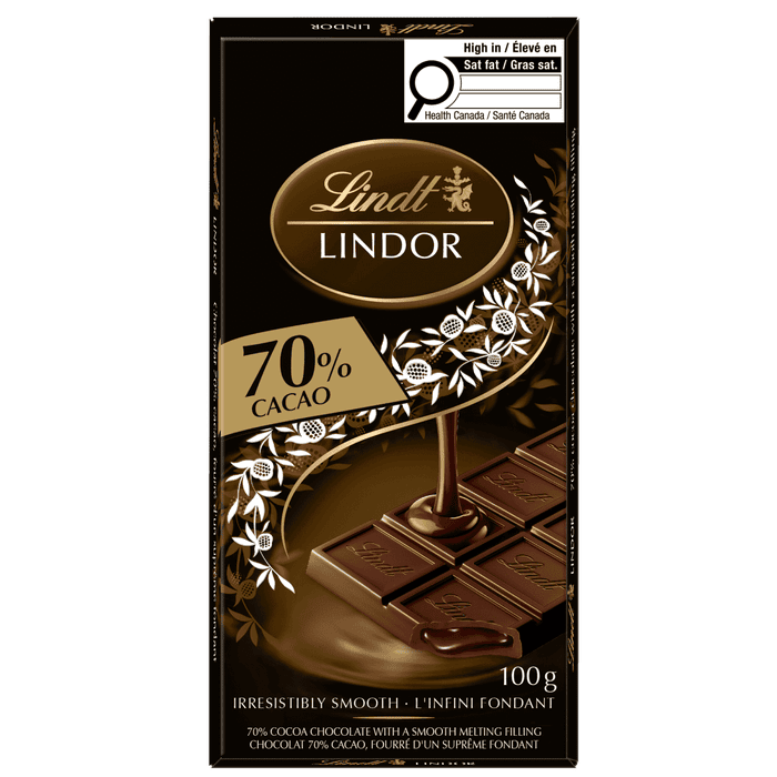 Lindt LINDOR 70% Cacao Dark Chocolate Bar, 100g