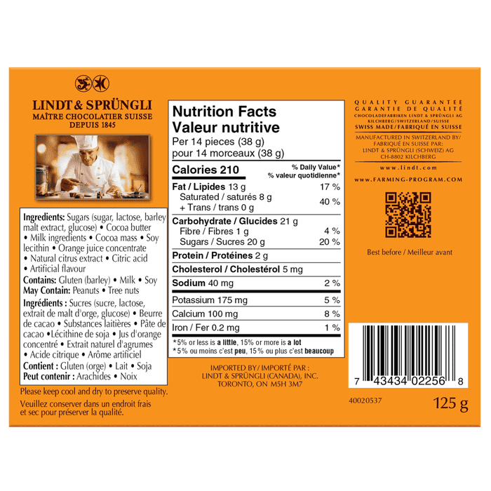 Lindt Swiss Thins Orange Milk Chocolate Box, 125g