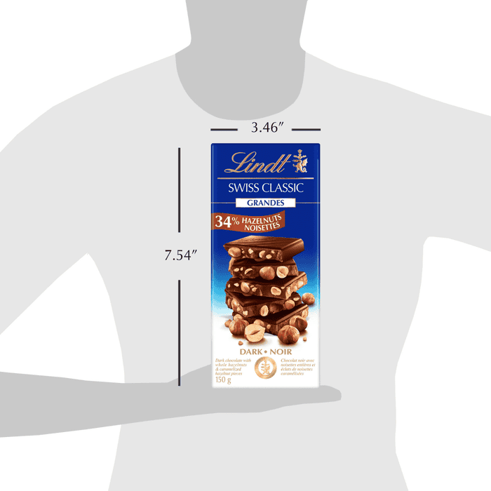 Lindt SWISS CLASSIC GRANDES Hazelnut Dark Chocolate Bar, 150g