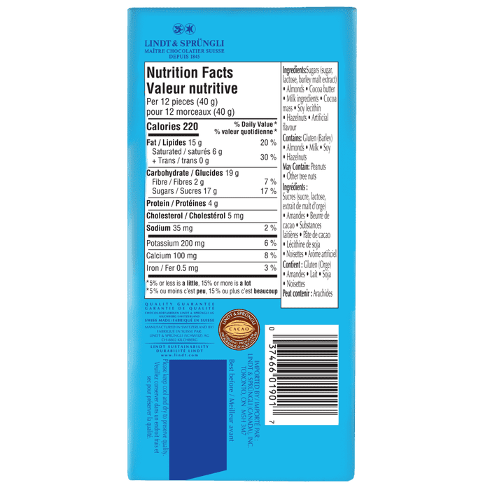 Lindt SWISS CLASSIC Almond Milk Chocolate Bar, 100g