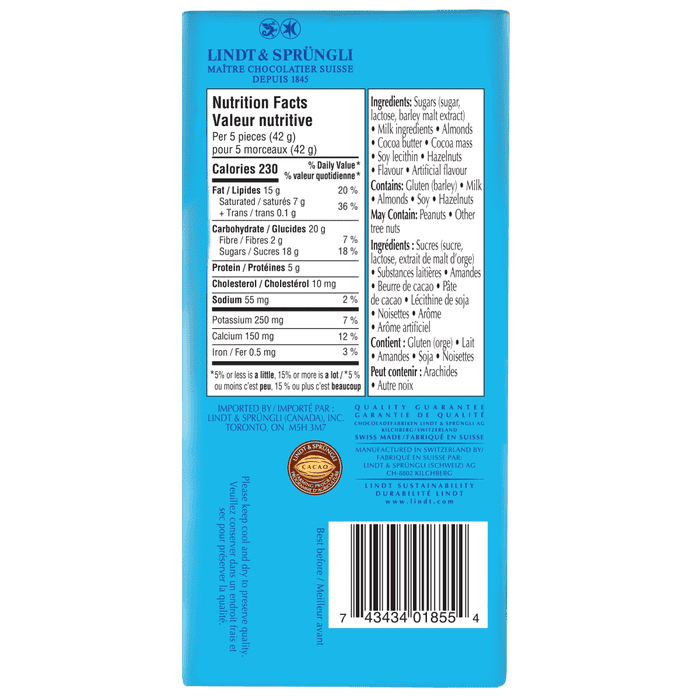 Lindt SWISS CLASSIC Milk Chocolate Almond Butter Bar, 100g