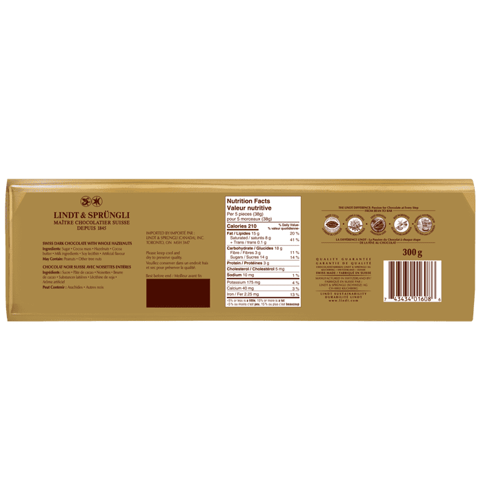 Lindt SWISS CLASSIC Dark Chocolate and Hazelnut Bar, 300g