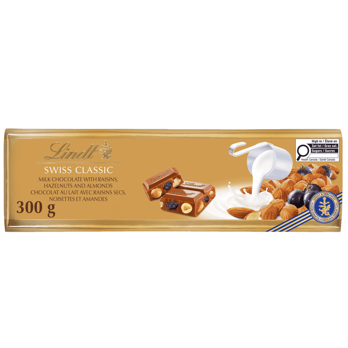 Lindt SWISS CLASSIC Gold Raisin Hazelnut Milk Chocolate Bar, 300g