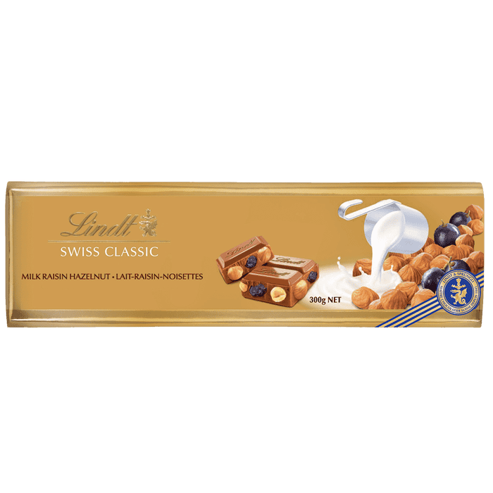 Lindt SWISS CLASSIC Gold Raisin Hazelnut Milk Chocolate Bar, 300g