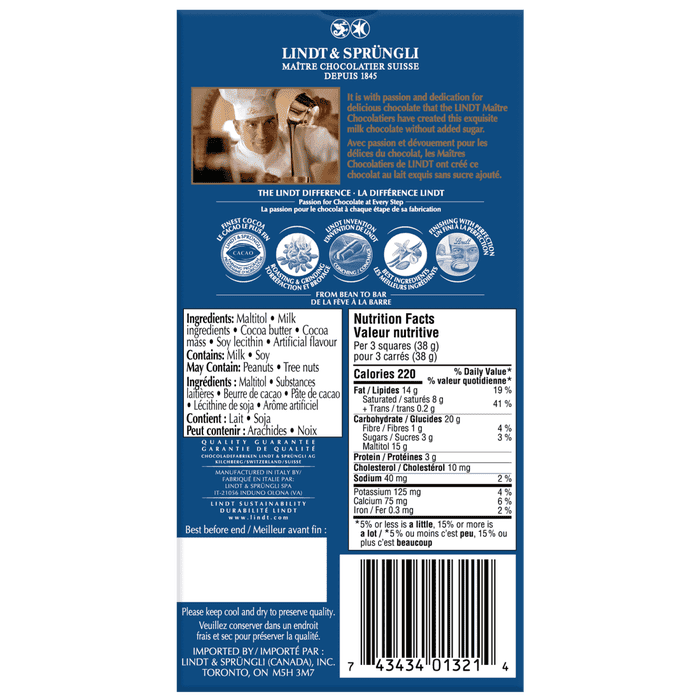 Lindt No Sugar Added Milk Chocolate Bar, 100g