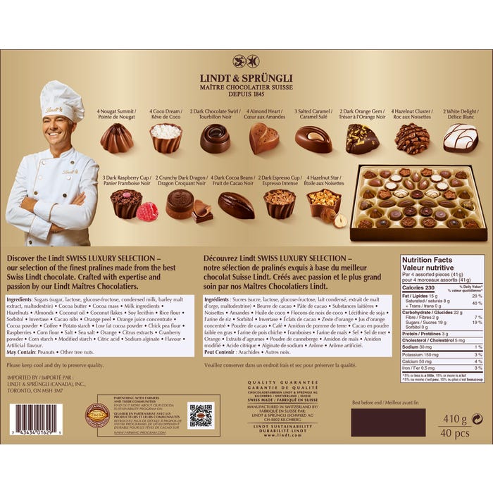 Lindt SWISS LUXURY SELECTION Assorted Chocolate Pralines Gift Box, 410g