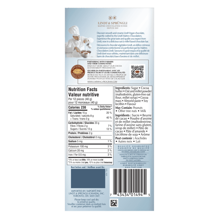 Lindt Vegan Original Chocolate Bar, 100g