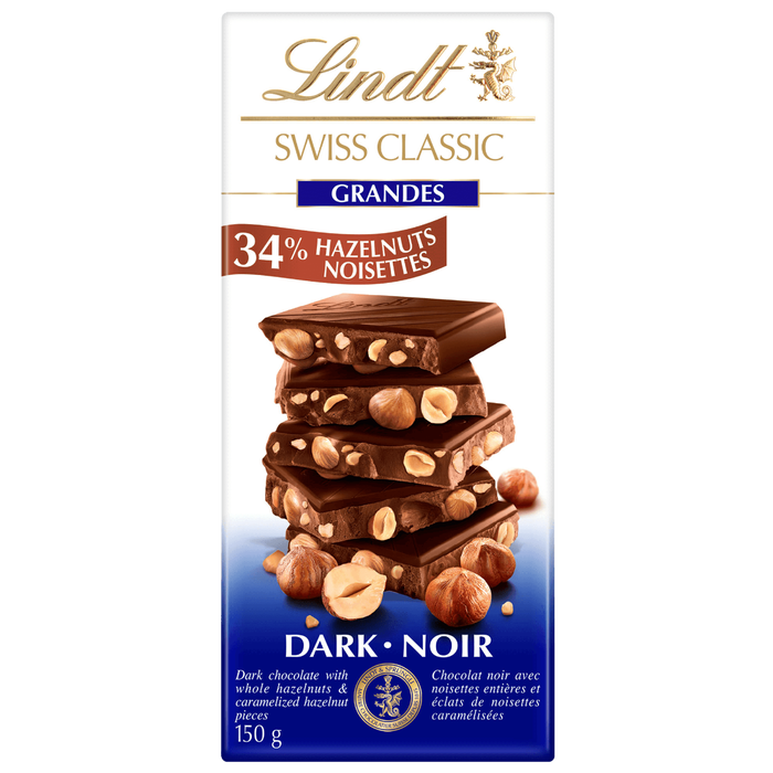 Lindt SWISS CLASSIC GRANDES Hazelnut Dark Chocolate Bar, 150g